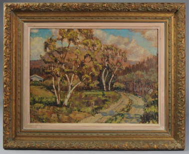 Minerva Teichert ? (1889-1976) Oil on Canvas: A rural landscape with mountainous background, signed lower left Teichert and dated 8-28-52, we believe this to be the work of the famous Mormon artist Minerva Teichert. Small repair, original