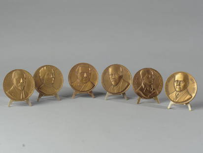 6 Vintage "Pathfinders in Psychiatry" Medallions: Commissioned by Abbott Laboratories and Medallic Art Company of New York. Featuring Sigmund Freud, Karen Horney, Jean-Martin Charcot, Benjamin Rush, Alfred Adler, Adolf Meyer. Each with display stand.