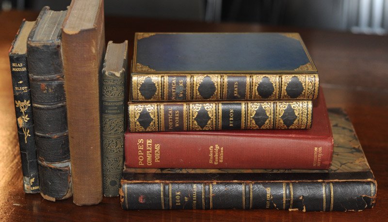 Lot of Vintage and Antique Books: Including Poetical Works of Byron, Poetical Works of Keats, "Lays of the Scottish Cavaliers", "Pope's Complete Poems", "Tales of a Traveler", "Book of British Ballads, "Silas Mariner", "Cranford".