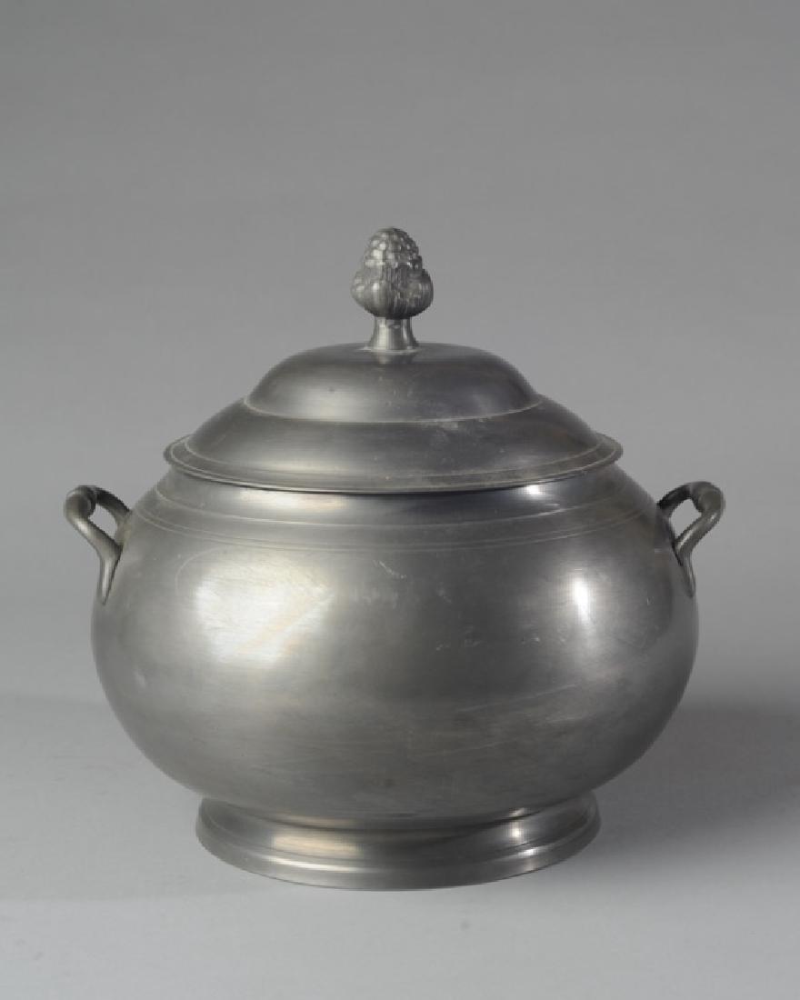 Britaniaware Tureen with Lid: Britaniaware (a substitute for pewter without lead) tin, antimony and trace of copper, developed in the early 19th C, hallmarked on base. H: approx. 8 1/2".