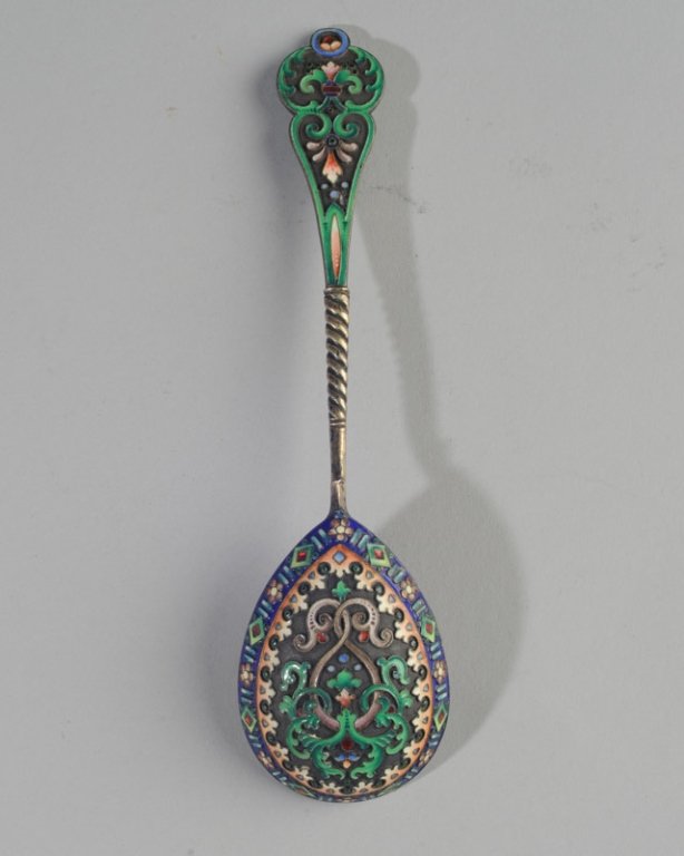 Russian Silver and Champleve Spoon: Marked to handle, typical floral and geometric motif. L: approx. 7".