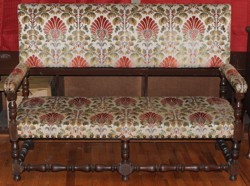 William & Mary Settee: Possibly a period piece, crewel upholstery, nicely turned supports.