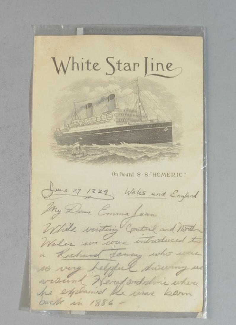 White Star Line Stationery with Note: This piece of stationery was on the S.S. Homeric, interesting personal note.