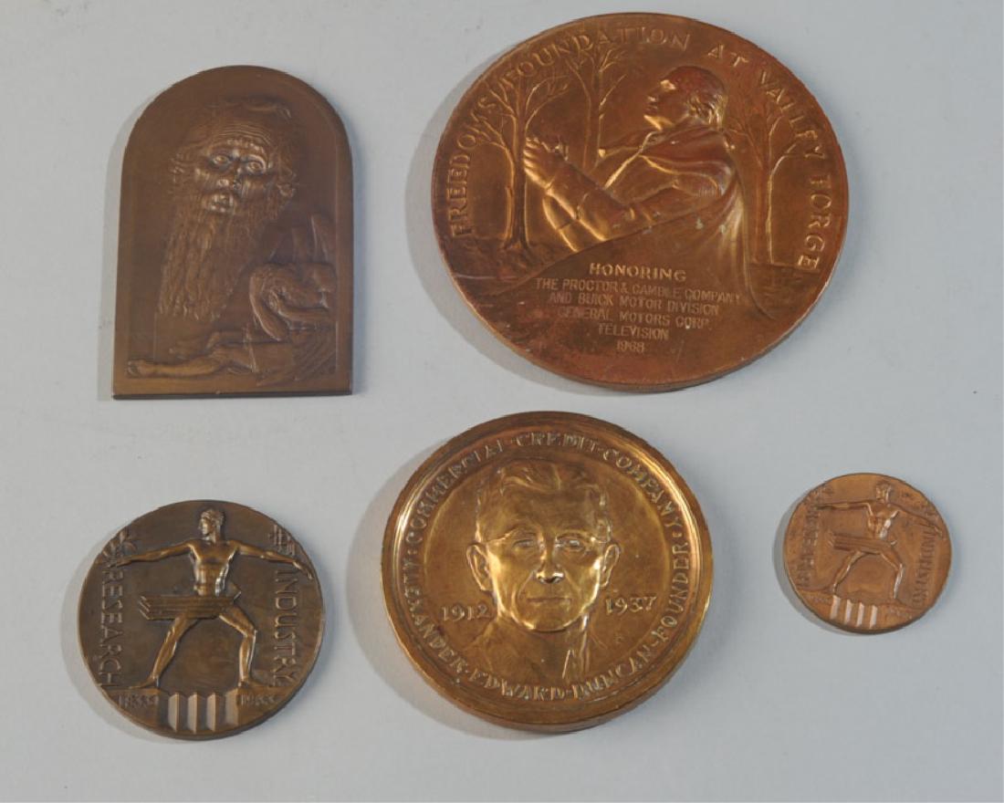 5 Commemorative & World's Fair Medals: 2 Century of Progress, 1968 Freedoms Foundation at Valley Forge (Medallic Art Co.), Commercial Credit Co. 1937 (Medallic Art Co.), "In the Unions of Faiths...". Largest Dia: approx. 4".
