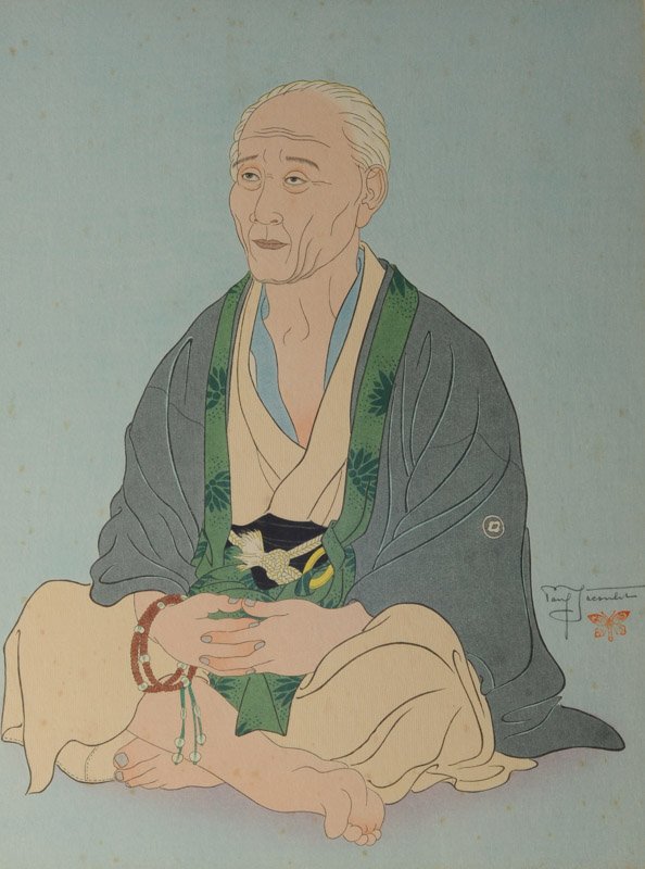 Paul Jacoulet (1902-1960) Woodblock Print: "Vieillad au Chapelet / Kawadzu" (Mister Kawadu, The Old Man in the Chapel), pencil signed mid right above butterfly seal, minor staining, dry mounted to cardboard. Image: approx. 15 1/4" x 11 1/2".