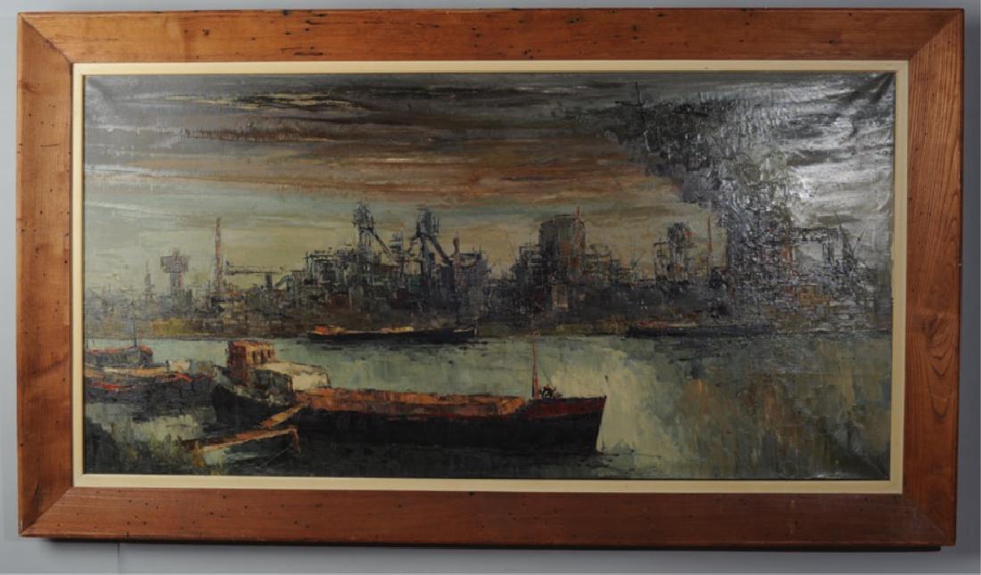 Leon Corbeau (20th C.) Oil on Canvas: Waterfront scene, signed upper right and identified on verso. Canvas: approx. 24" x 48". Frame: approx. 31" x 55".