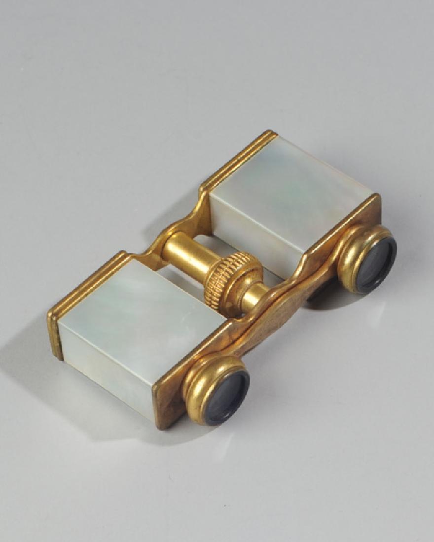 Pair of Unusual Opera Glasses: Brass with mother of pearl, no visible markings. Approx. 2 3/4" x 3 3/4".