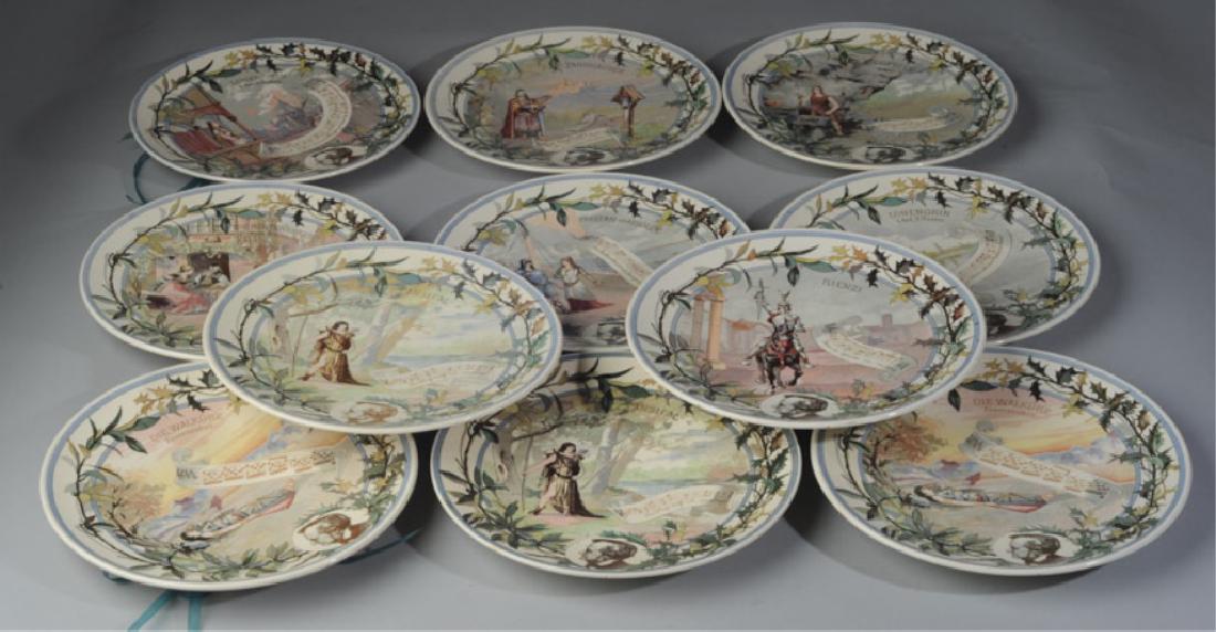 11 Sarreguemines Plaques: All featuring scenes and lyrics from Richard Wagner's operas, two are duplicates. Dia: approx. 8 1/2".