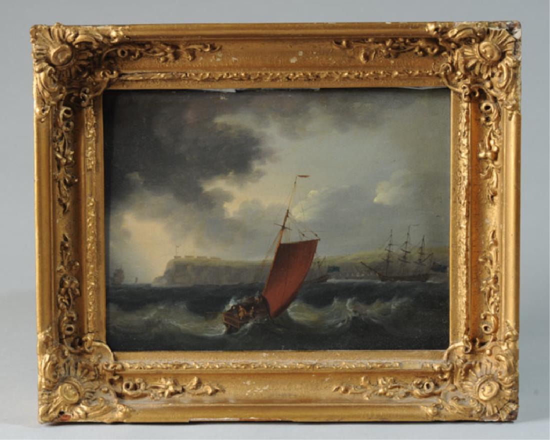 Follower of Thomas Luny, Ships off Berry Head: Follower of Thomas Luny (1759-1837), Ships off Berry Head with approaching storm, oil on panel, inscribed "Berry Head" on back, framed. Overall good condition with some possible restoration along top