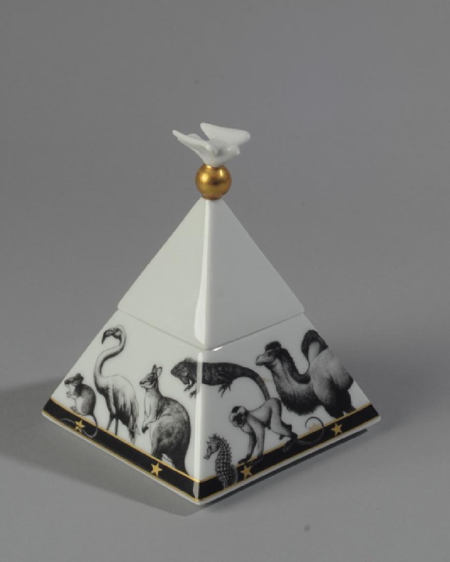 Rosenthal Studio Line Yang Jar: Unusual design with human, animal, bird and fish figures, by the artist Yang, marked to base: "Rosenthal Studio-linie German Kunstler-Sammeldose Yang". H: approx. 5 1/2".