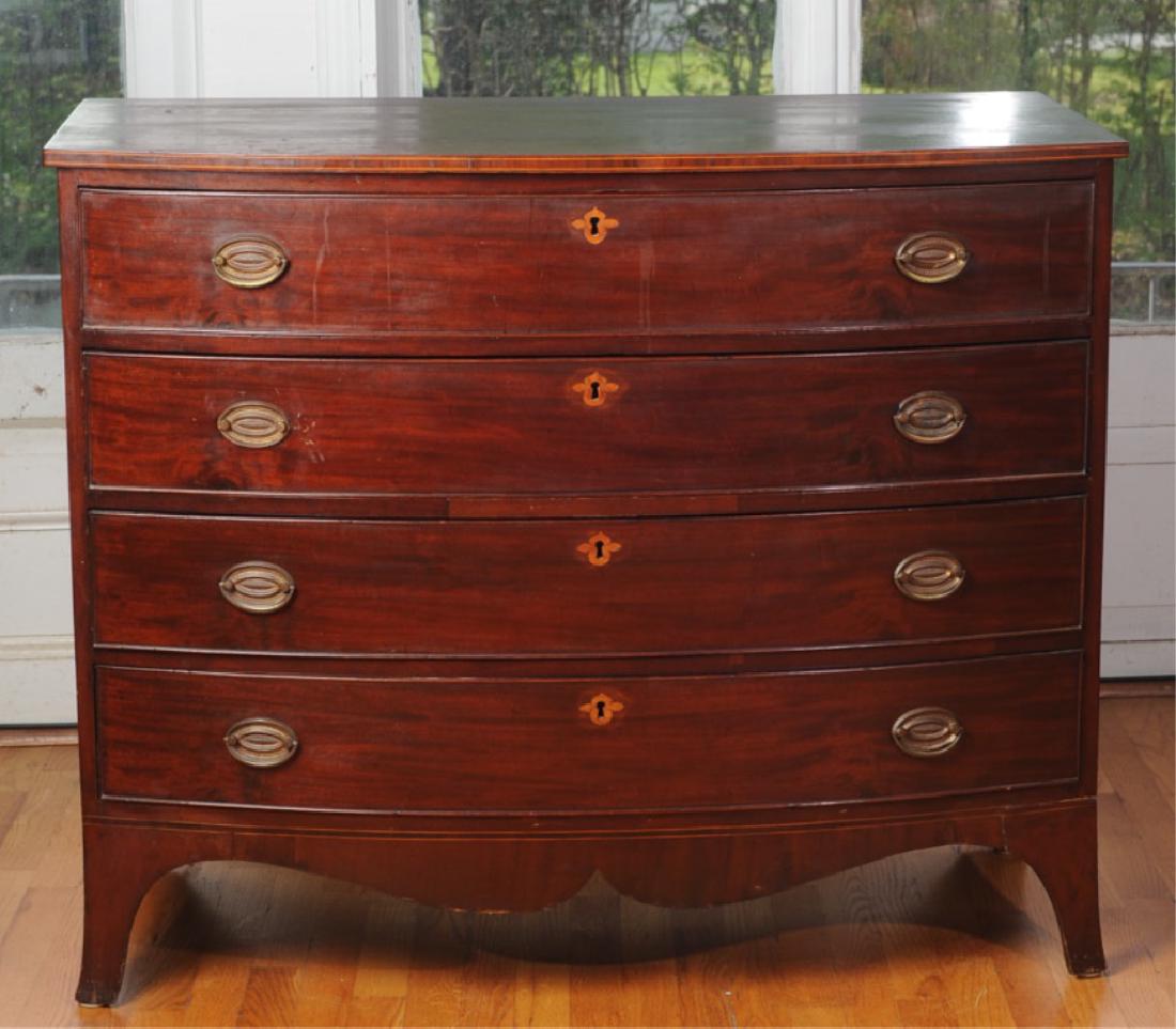 Antique Mahogany Bow Front Hepplewhite Chest: Trimmed with narrow inlaid bands of lighter wood. Four drawers with beaded edges, dovetail joins front and back, inlaid lock plates, oval brasses. Shaped skirt, splayed feet. Approx. 35 1/2" in height
