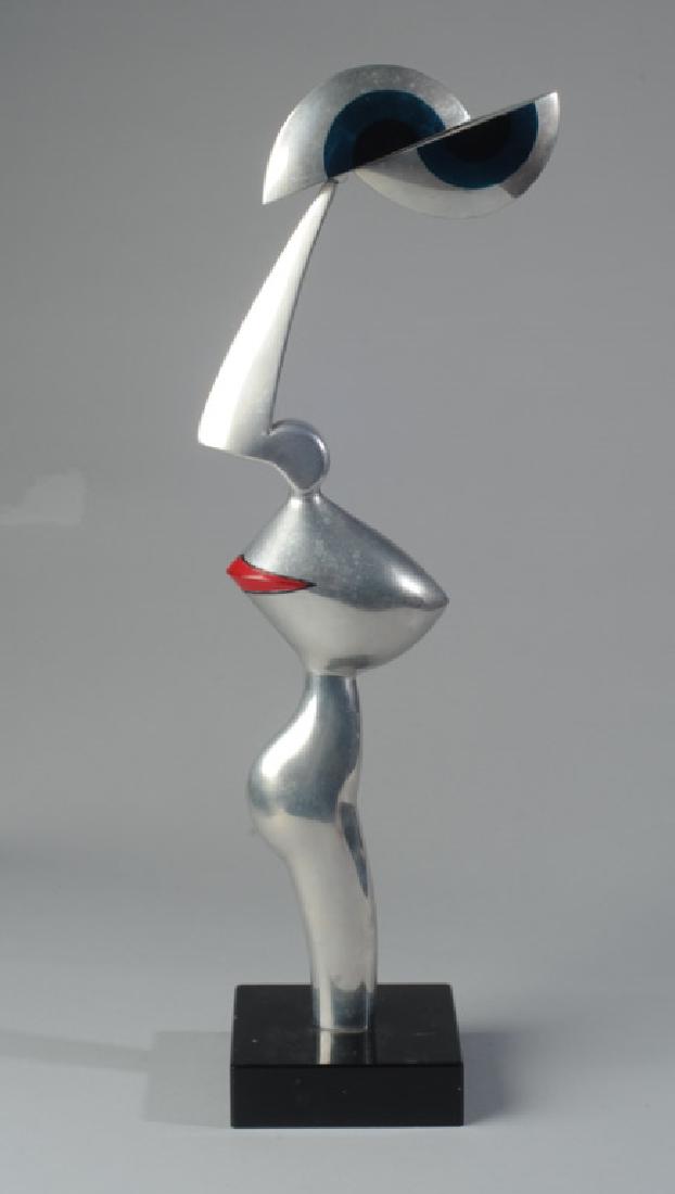 B. Mavor Contemporary Sculpture: Striking chrome kinetic sculpture incorporating the human form, eyes and mouth, signed to base "B. Mavor" and dated (19)91. H: approx. 23 1/4".