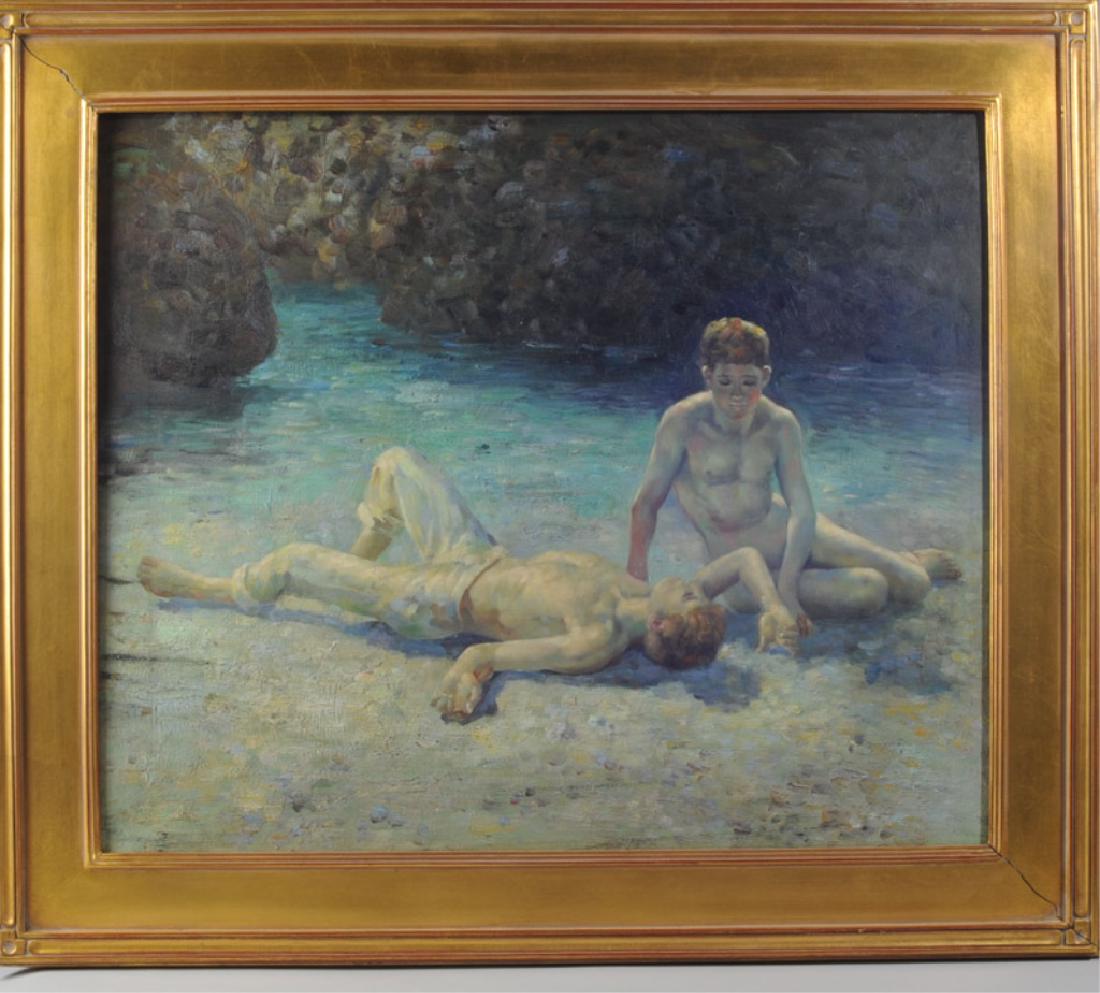 Henry Scott Tuke (after) Oil on Canvas: "Noonday Heat", unsigned. Canvas: approx. 20" x 24". Frame: approx. 25" x 29".
