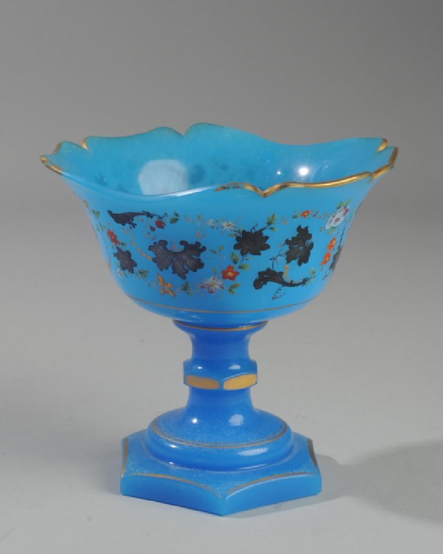 Mid 19th C. French Blue Opaline Compote: Shaped gilt rim, with enamel flowers, gilt accents, on pedestal with hexagonal base. Approx. 5 1/2" in height.