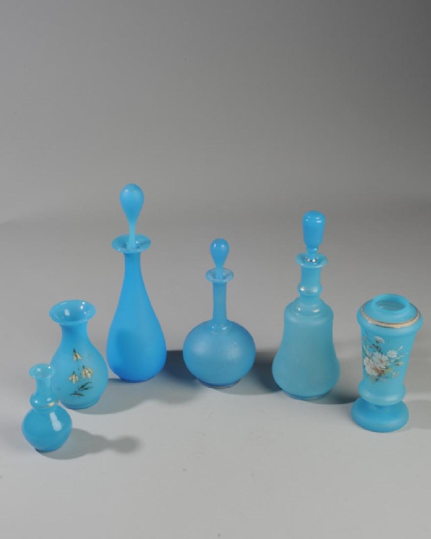 6 19th C French Opaline Blue Glass Vases / Bottles: One with damaged stopper joint. Tallest H: approx. 10 1/4".