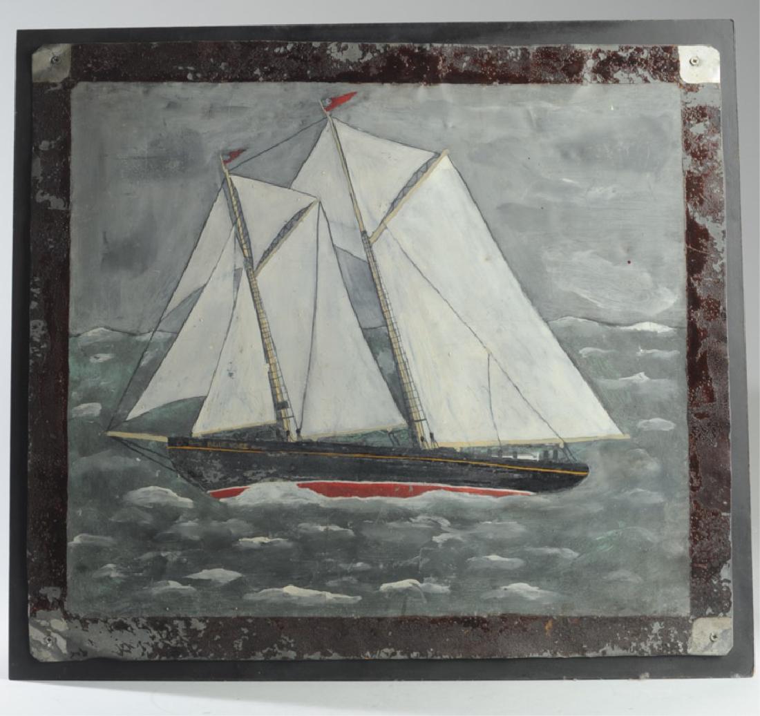 Folk Art Oil on Tin of Sailing Ship: Tin mounted to wooden panel. Total size approx. 27 1/4" x 24 1/2".