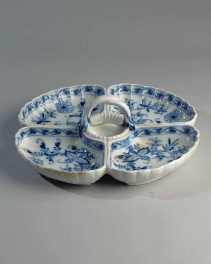 Meissen Blue & White Serving Tray: 4 sections with handle, cross swords mark to base, repair to rim. H: approx. 5". Dia: approx. 14".