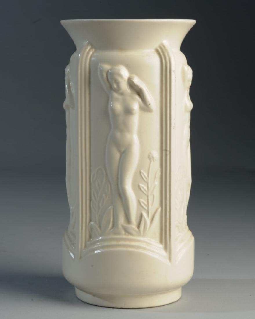 Czech Erphila Nude Vase: Pottery vase with relief of standing female nude marked "Erphila Czechoslovakia" and numbered 4172. H: approx. 10".