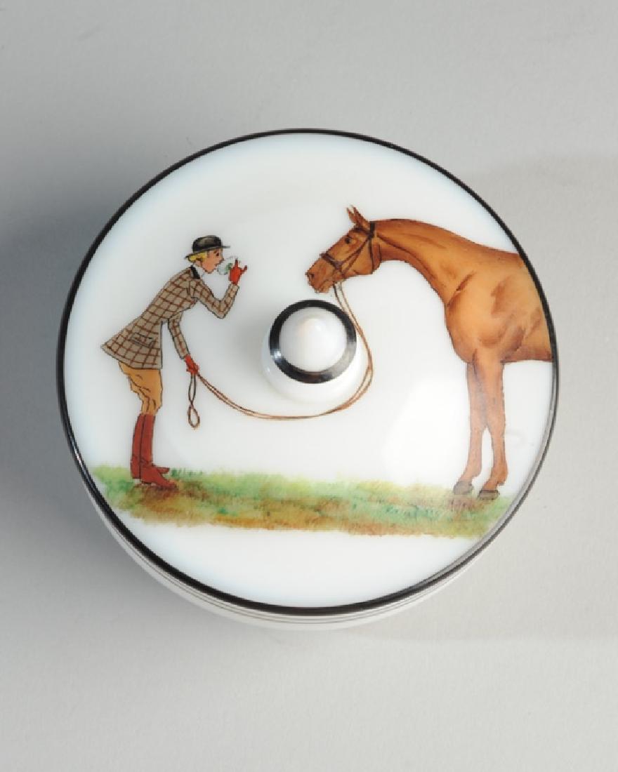 Milk Glass Horse Dresser Jar: Hand painted design. H: approx. 3 1/4". Dia: approx. 4 1/4".