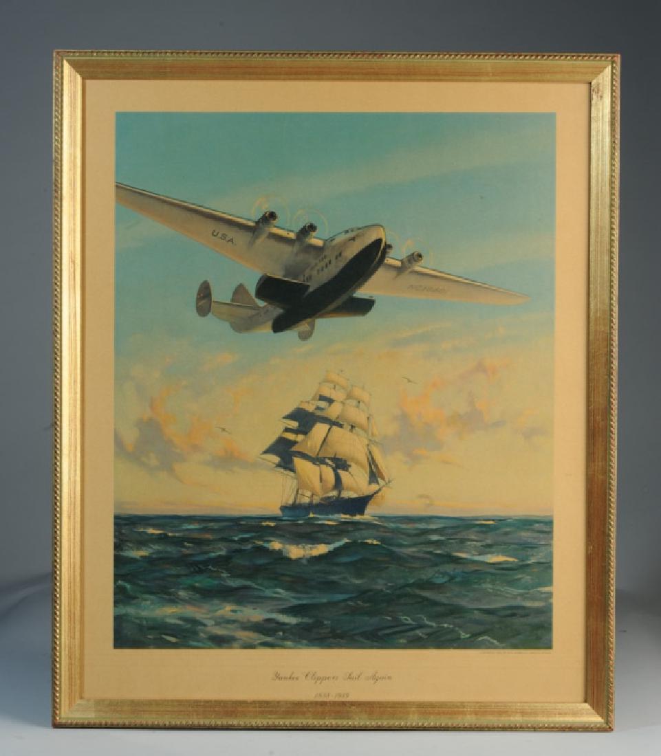 Pan American Airways Litho Poster: "Yankee Clippers Sail Again 1838 - 1939", "Copyright, 1939, Pan American Airways System." Image: approx. 23" x 18 1/2". Frame: approx. 25" x 21".