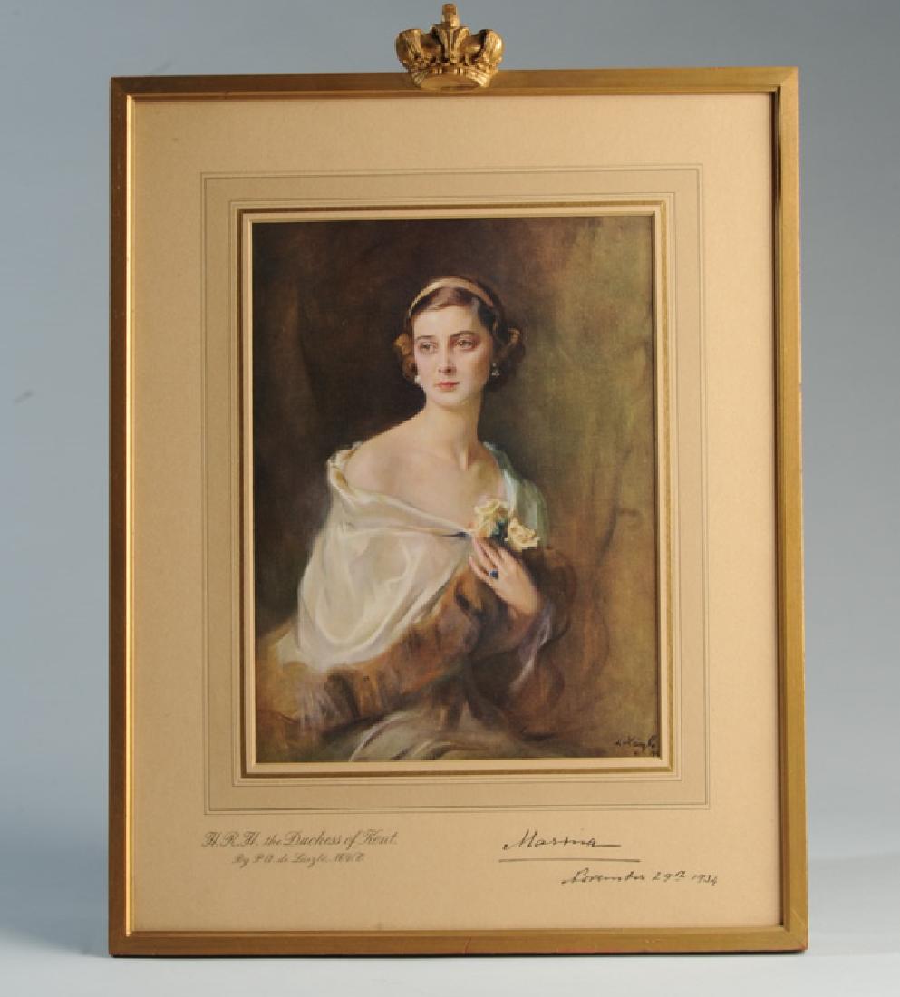 Print of Marina, Duchess of Kent: Princess Marina of Greeze and Denmark became The Cuchess of Kent in 1934 upon marrying Prince George, Duke of Kent, fourth son of King George V. Framed with free-standing crown. From a painting by P.A