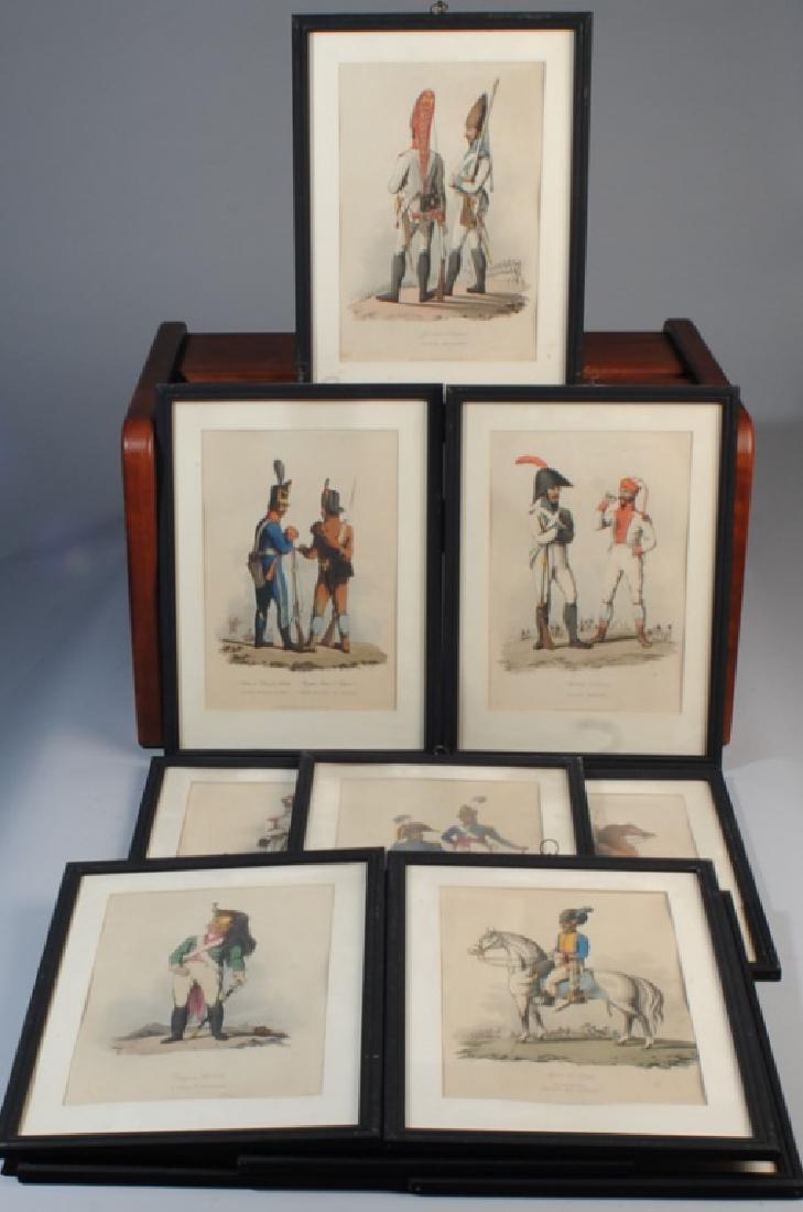 11 Spanish Portuguese Regimental Prints c1809: Hand-colored prints identically framed showing military costumes of various regiments from Spain, Portugal, and France. Published in London by J. Booth, Duke Street, Portland Place, on various dates i