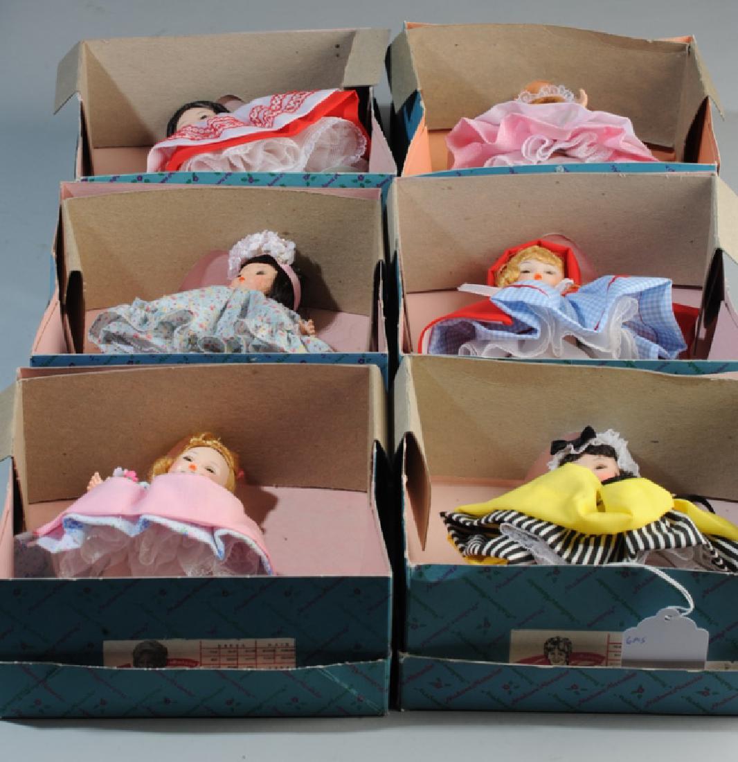 Six Madame Alexander Dolls in Original Boxes: Including France 590, Lucy Locket 433, Red Riding Hood 482, Mary Mary 451, Russia 574, and Jill 456. Size of Box: approx. 8 1/4" x 8 1/2" x 3 1/2".