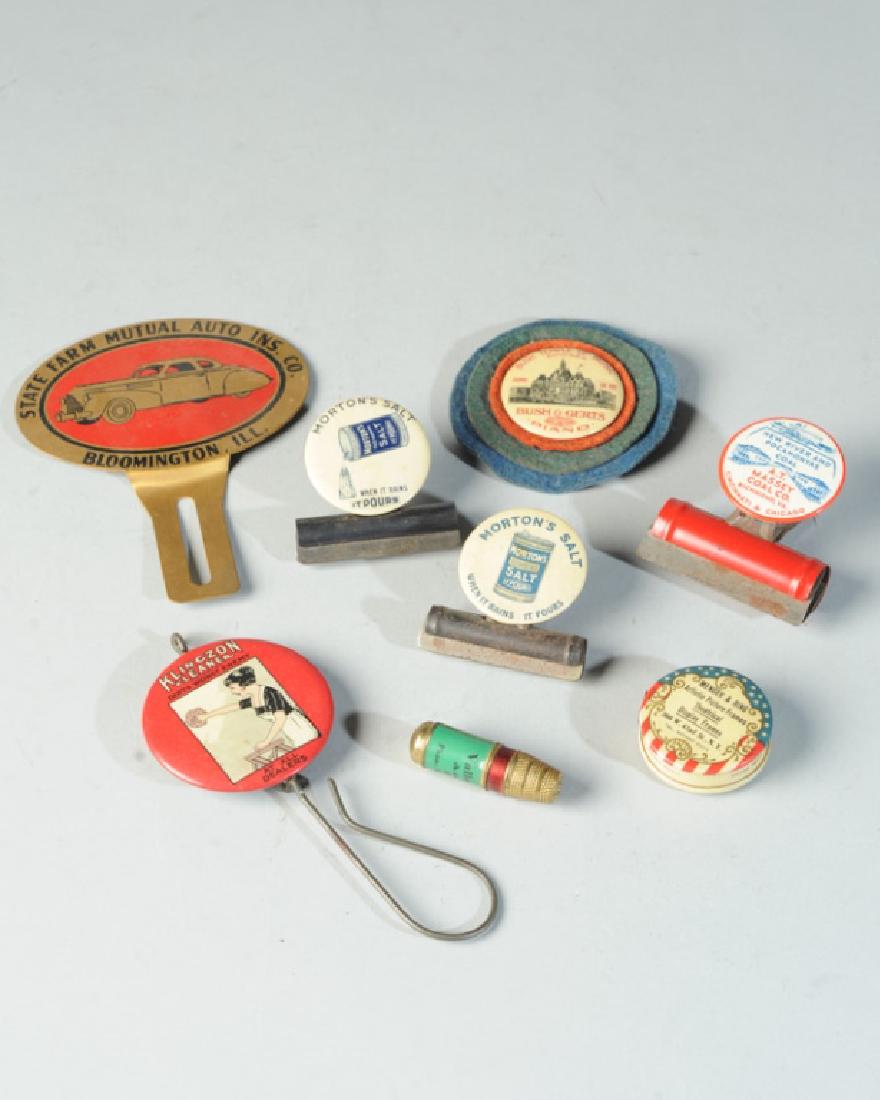 Advertising Collectibles Lot: Including Bush & Gerts Piano, Morton's Salt paperclips, Klingzon Cleaner, State Farm Insurance, etc.