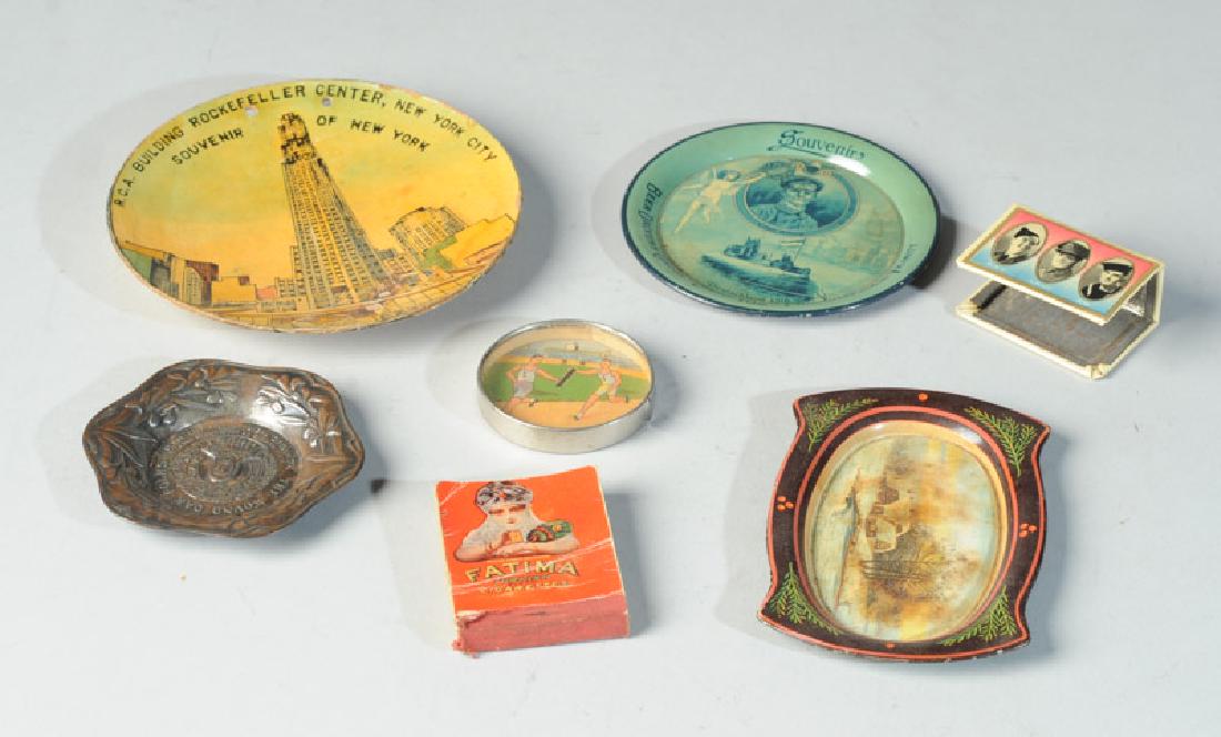 Advertising and Souvenir Items: Beer Drivers Union tip tray, Mascot Tobacco tip tray, Round Oak Stoves tray, RCA Building souvenir, British WWII Military match box cover, Fatima moving picture booklet, US Zone Germany Game / Mirror.