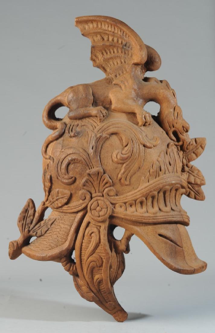 Carved Wooden Helmet Wall Hanging: Approx. 23 1/2" x 15".