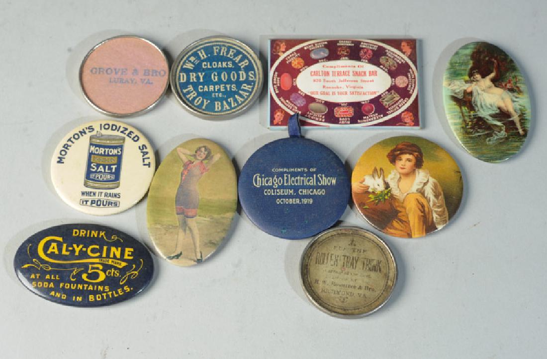 Lot of Pocket Mirrors: Including Cal-y-cine, Morten's Salt, Chicago Electrical Show, female nude, etc.