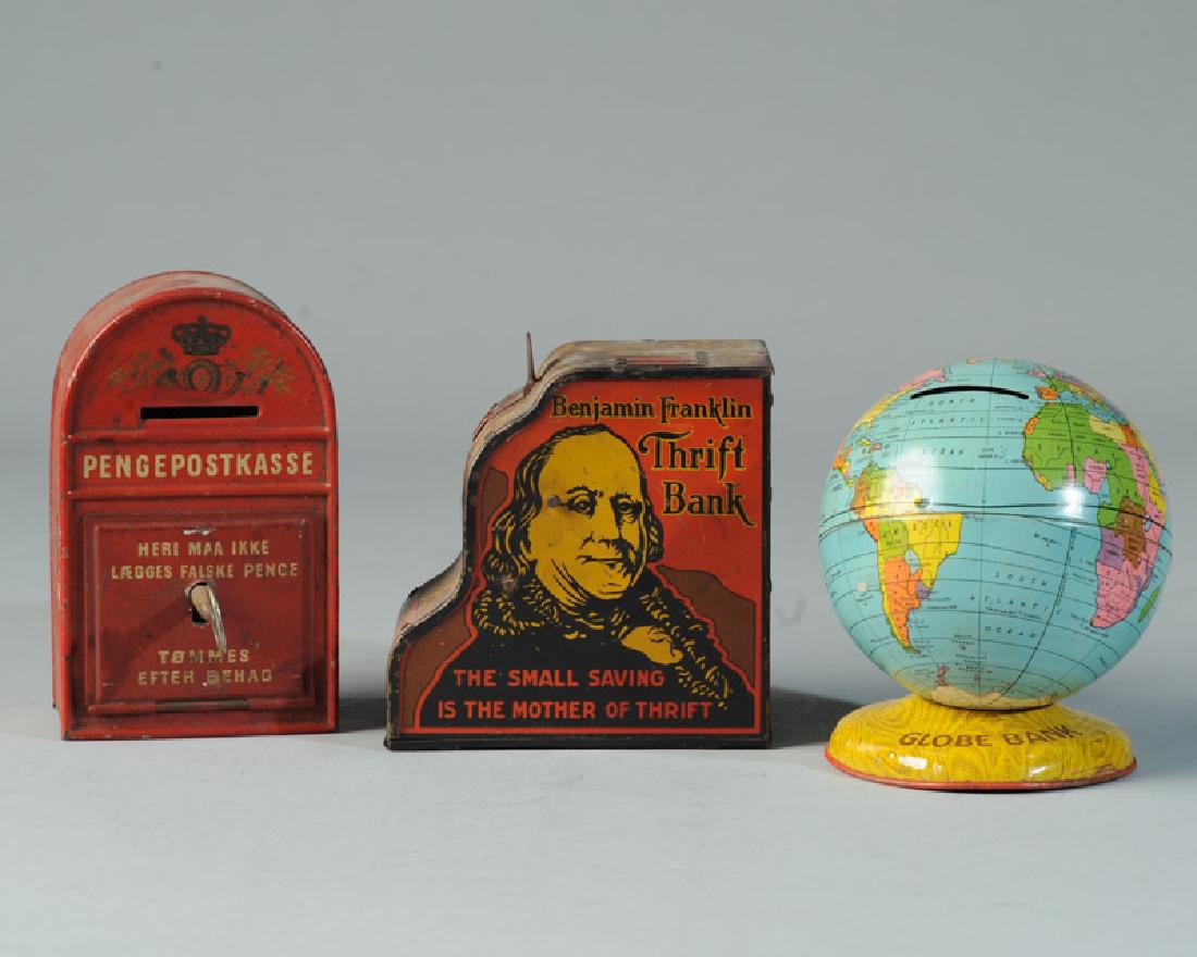 Three Vintage Tin Banks: Marx Benjamin Franklin Thrift Bank, Danish ? mail box, J. Chein globe. Tallest: approx. 5".