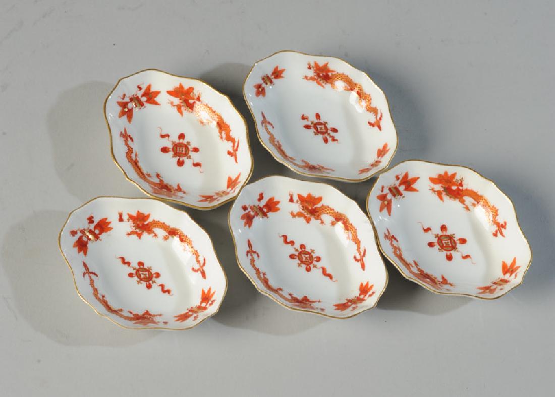 5 Vintage Meissen Porcelain Butter Pats: Circa 1924-1934 tiny Meissen butter dishes in red Ming Dragon pattern. Gilded red dragons pursue flaming pearls among auspicious symbols. Blue crossed swords mark to base with dot between sword tips.