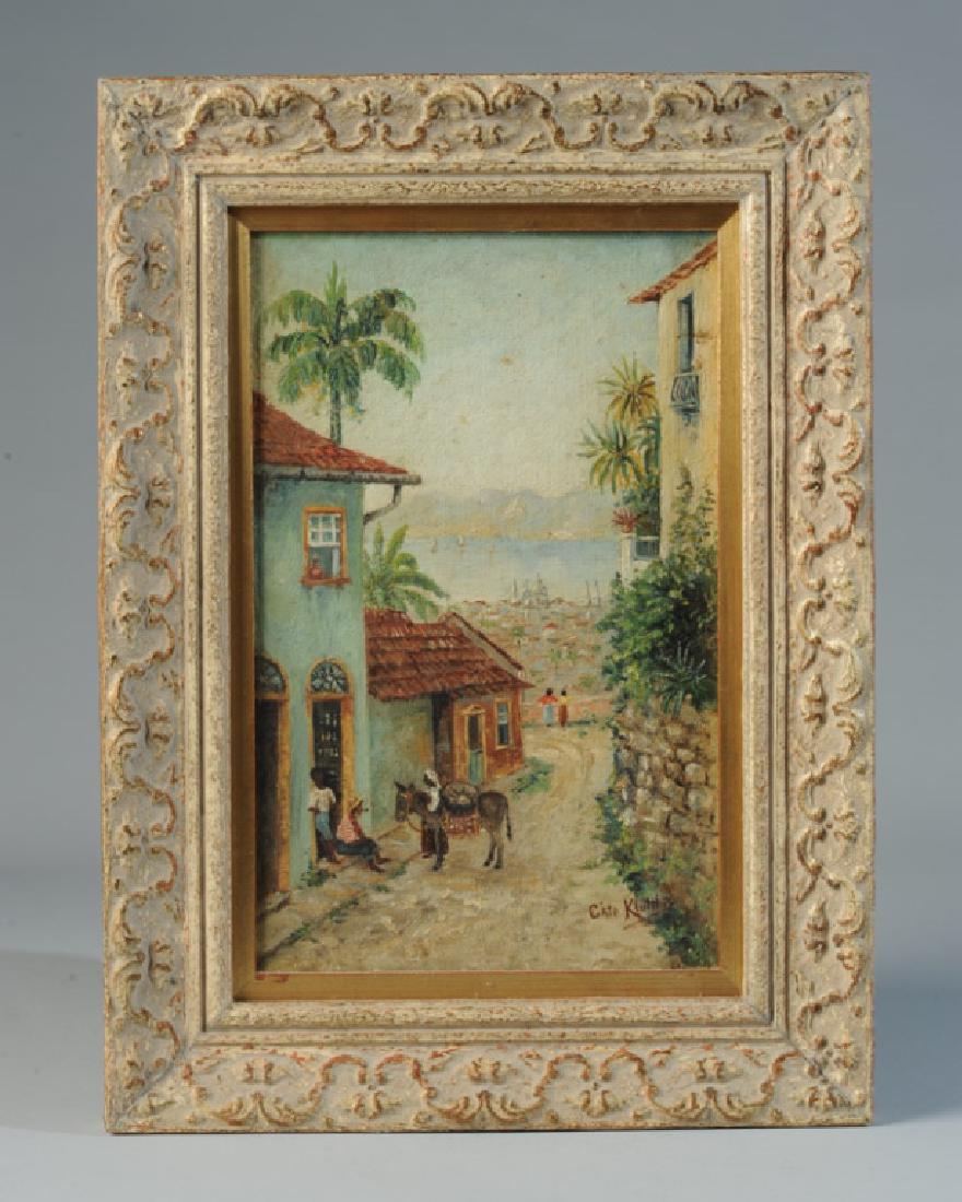 Cate Kluth Oil on Board Caribbean Scene: Signed lower right. Image: approx. 10 1/2" x 6 1/2". Frame: approx. 14 3/4" x 10 3/4".
