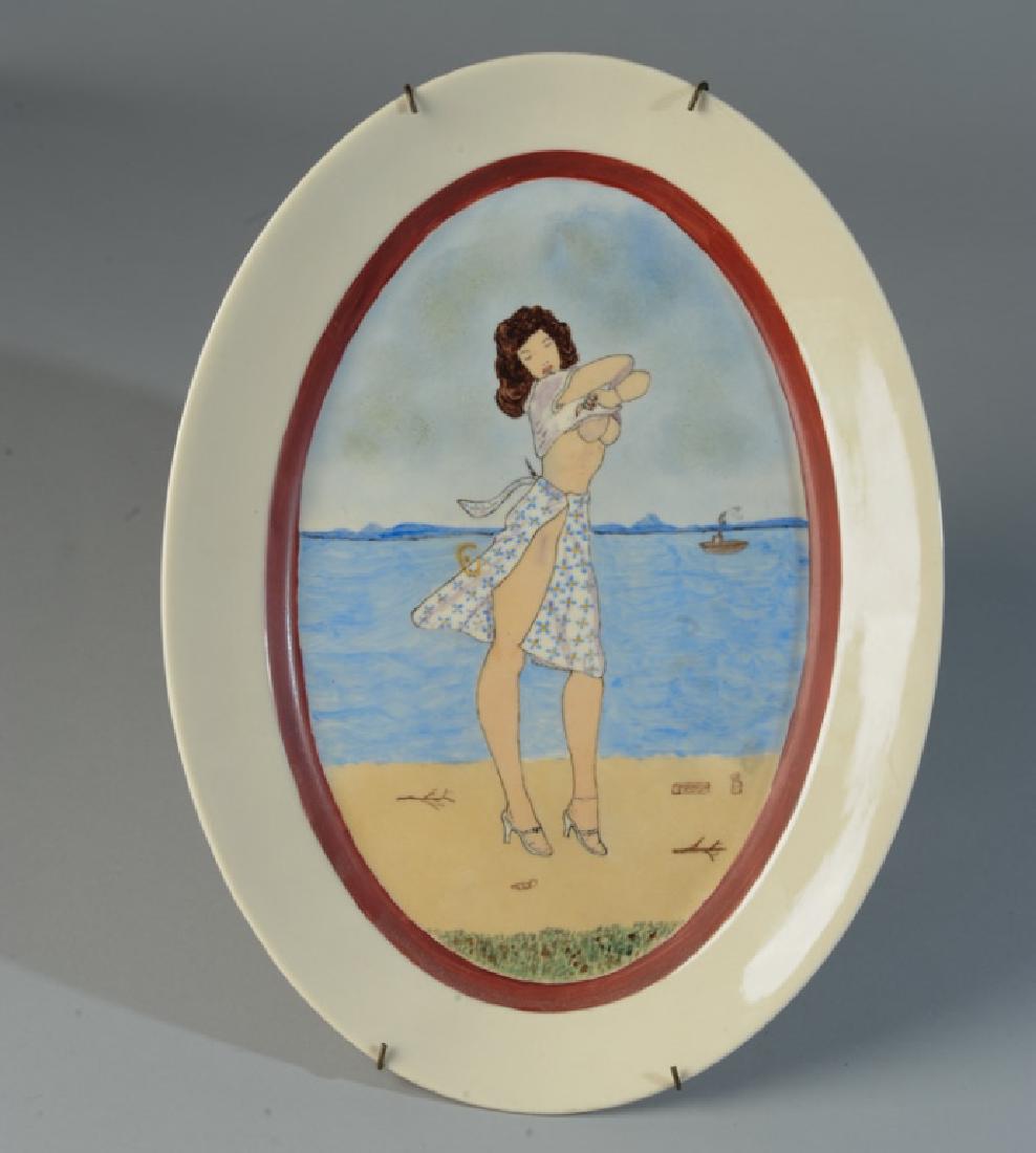Risque Hand-Painted Plate: "Knolls View" by R. Ernest Kitts, dated 1950. Approx. 14" x 10 1/2".