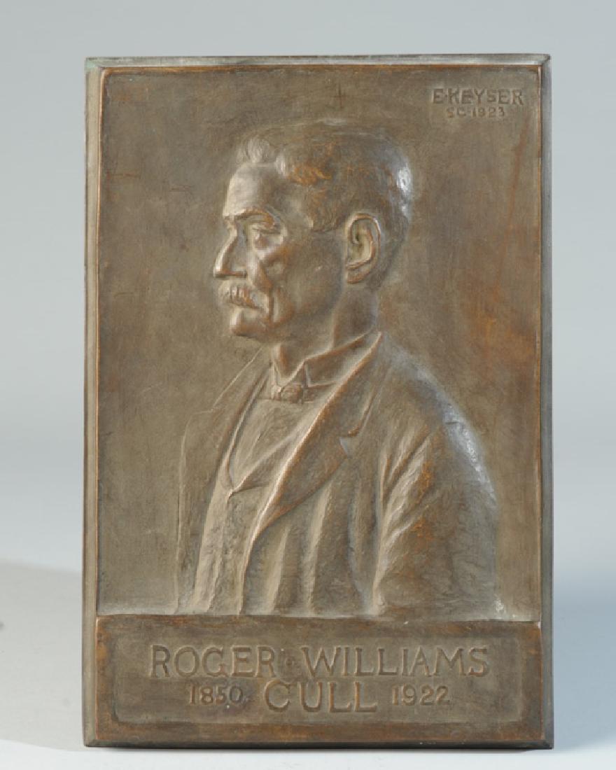 E. Keyser Bronze Plaque: Commemorating Roger Williams Cull (1850 - 1922). Approx. 12 1/4" x 8".