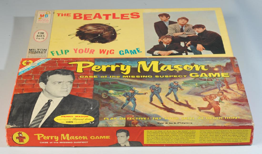 Beatles & Perry Mason Games: "The Beatles Flip Your Wig" game, by Milton Bradley, 1964, and "Perry Mason Case of the Missing Suspect" game, by Paisano Productions, 1959. Neither guaranteed complete.