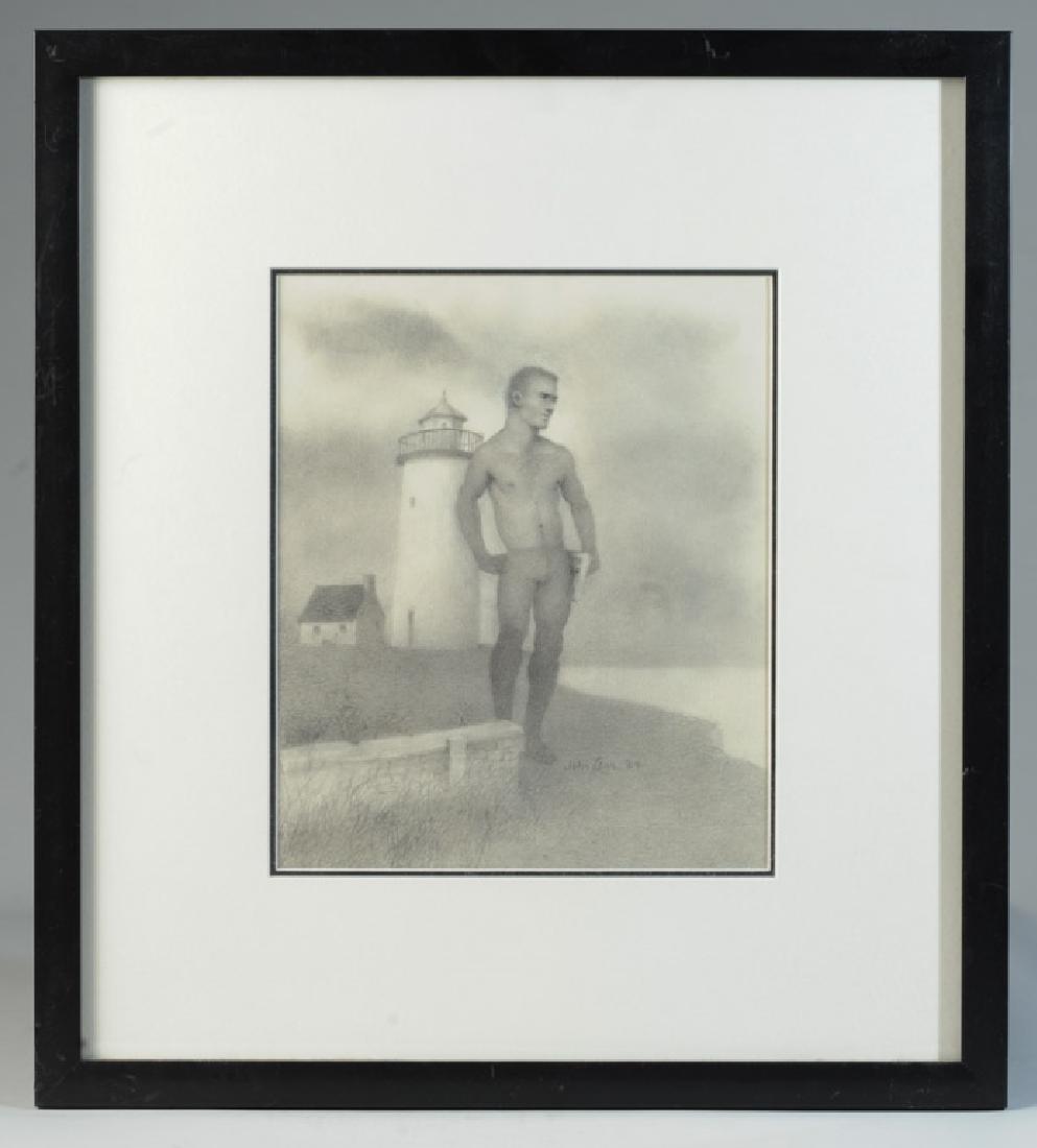 John B. Lear (1910 - 2008) Pencil Drawing: Man and lighthouse, signed and dated (20)04 lower right. Lear was a Pennsylvania artist. Image: approx. 11 1/2" x 9 3/4". Frame: approx. 21" x 19".