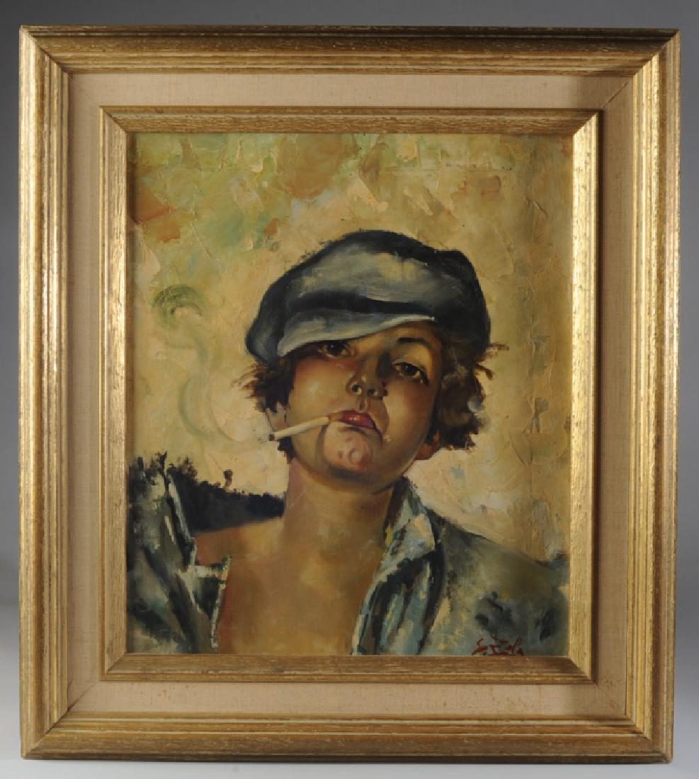 Oil on Canvas "Cigarette Boy": Early to mid 20th C oil on canvas of a young boy with plenty of attitude smoking a cigarette. Signed "E. Zola" or "Gola", possibly Emilio Gola, Entitled "Cigarette Boy" on stretcher. Frame: aprox. 23.