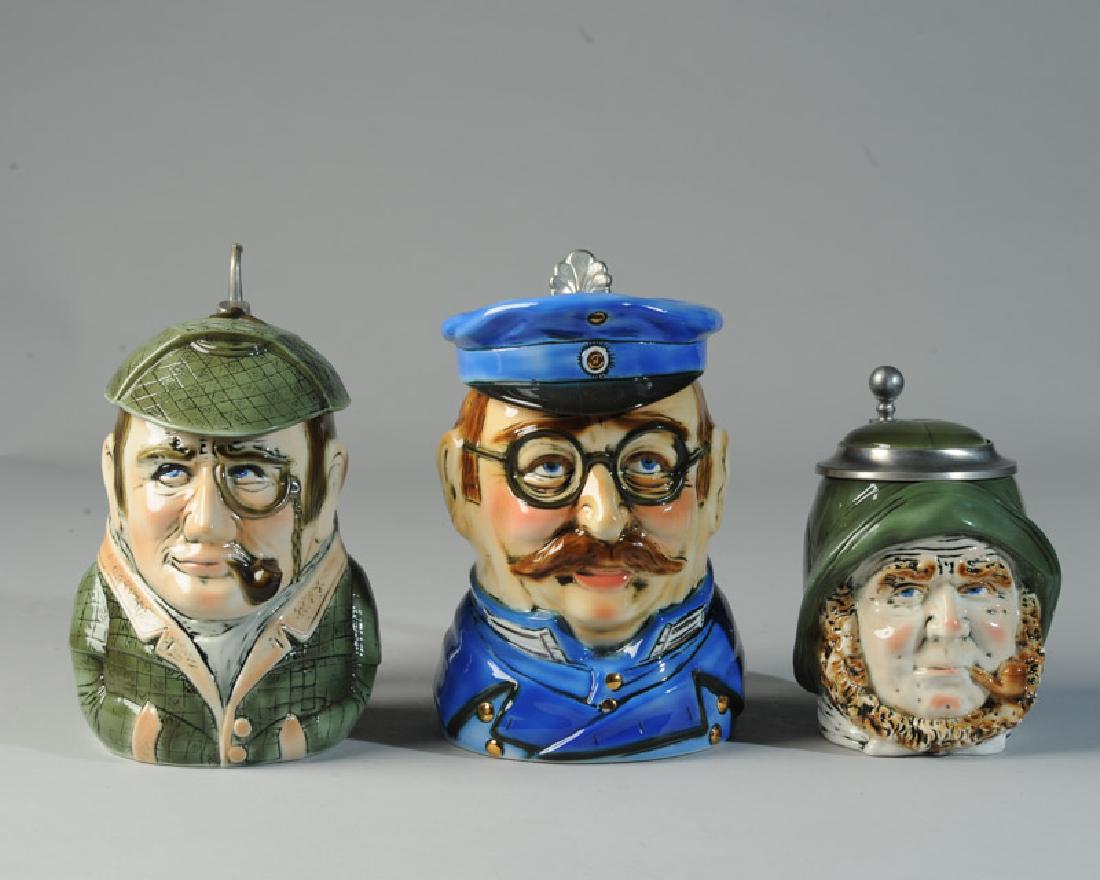 Three Late 20th C. German Figural Beer Steins: Sherlock Holmes, Police Officer and Irish gentleman. All marked to base. Tallest H: approx. 7".