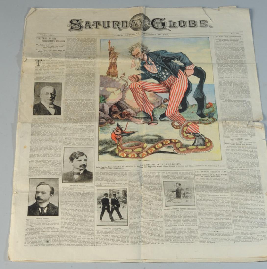 Saturday Globe 9/28/1901 McKinley Assassin's Trial: Saturday Globe newspaper from September 28th 1901, with coverage of trial of Leon Czolgosz, in as-found condition. Together with a reproduction New York Herald covering the Lincoln assassination.