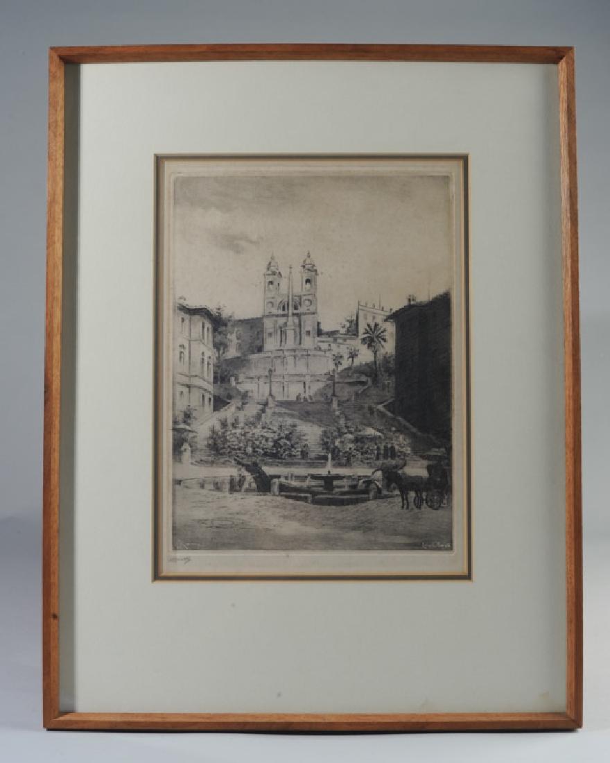 c.1900 Luigi Olivetti Engraving Spanish Steps Rome: Framed original engraving signed both in the print and below left in pencil by Luigi Olivetti (1856-1941) and entitled "Roma" in the print, showing the Spanish Steps in Rome. Undated but probably late