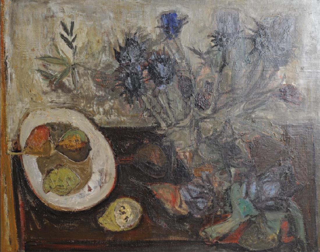 Raymond Guerrier Still Life Oil on Canvas: Large painting of figs and pears on a table with a vase full of energetic blue flowers by Raymond Guerrier, (1920-2002, French.) Largely self-taught, Guerrier immersed himself in the art museums of Pa