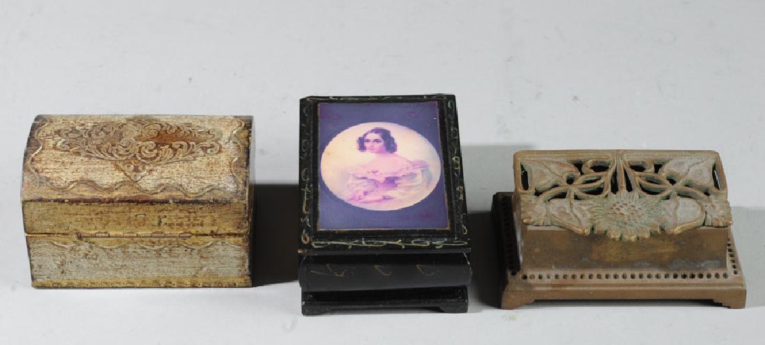 Lot of Vintage Trinket, Jewelry Boxes: To include small Florentine giltwood box containing a scrimshaw type brooch, art nouveau brass stamp box with sunflower design, and a small wooden box with decoupage portrait of a lady in 18th century