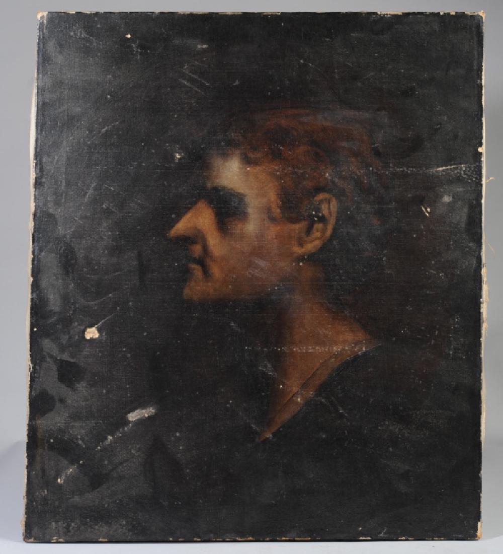 Late 19th/ E 20th C Portrait of Thomas Jefferson: After Gilbert Stuart's "Medallion Portrait." Oil on canvas. With original label of George F. Muth & Co. to verso. Approx. 22" x 19".