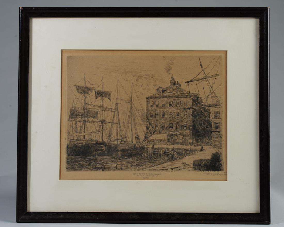 Frederick Leo Hunter (1858-1943) Etching: Pencil signed lower right, pencil titled lower center "Old East India Wharf South Street NY 1879". Image: approx. 9 3/4" x 12 1/2". Frame: approx. 16" x 18 3/4".