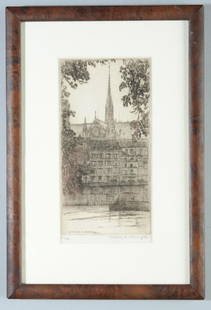 Caroline Armington  (1898 - 1986) Etching: "La Fleche de Notre Dame", signed in pencil lower right, numbered 26(?)/100 lower left, framed. Sight image: approx. 6 1/2" x 3 1/2". Frame: approx. 10 3/4" x 7 1/4".