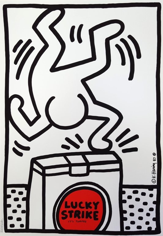 Keith Haring (1958-1990) Silkscreen Poster 1987: An original two color silkscreen on heavy poster paper by American artist Keith Haring (1958-1990) titled "Lucky Strike I", 1987. From the 1987 set of 3 "Lucky Strike" Original Posters. Limited editio