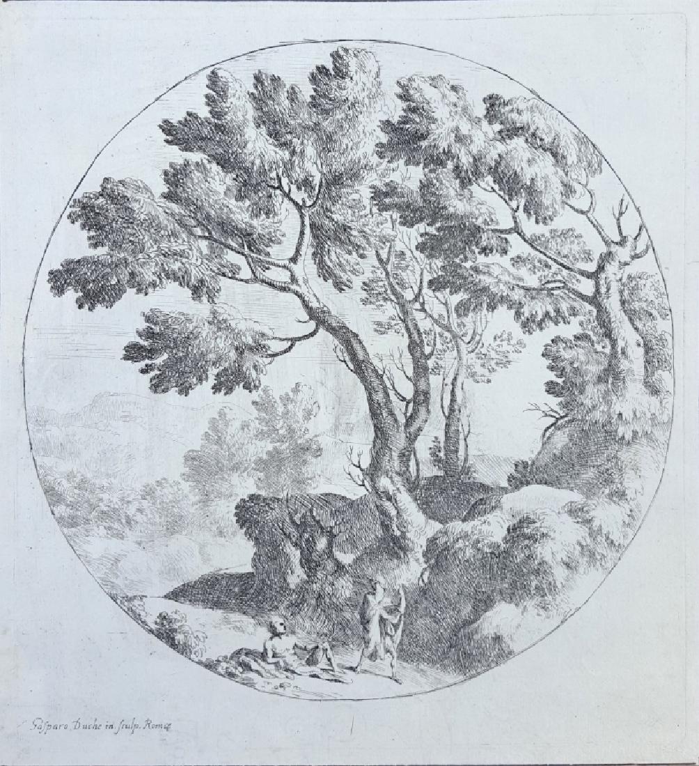 Gaspard Dughet (1615-1675) Original Engraving: An original copper plate engraving on laid paper by Italian artist Gaspard Dughet, (also known as Gaspard Poussin), (1615-1675) titled "Roman Campagna", C. 1645. The term "Campagna" means "any place n