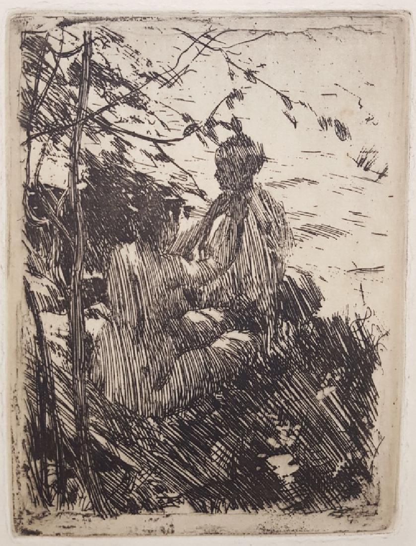 Anders Zorn (1860-1920) Original Etching 1890: An original etching on laid paper by Swedish artist Anders Zorn (1860-1920) titled "In the Open Air", 1890. Issued unsigned. Artist's mongram inscribed in the plate bottom center. Third state of three